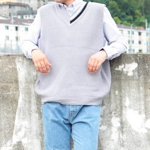 리셋 남성용 하프배색 브이넥 오버핏 니트 조끼