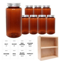 홈앤라이프 갈색 원형 PET 양념통 알루미늄 실버 캡 350ml x 8p + 흰색 스티커 8p + 사각 선반 세트, 1세트, 양념통 원형 8p + 흰색 스티커 8종 + 사각 2단 선반