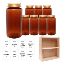 홈앤라이프 갈색 원형 PET 양념통 알루미늄 골드 캡 350ml x 8p + 흰색 스티커 8p + 사각 선반 세트, 1세트, 양념통 원형 8p + 흰색 스티커 8종 + 사각 2단 선반