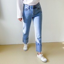 아모르데이 여성용 엠블 롤업 일자 데일리 데님 바지