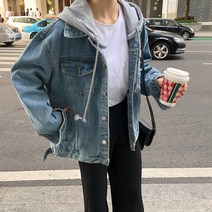 세컨핑크 여성용 오버핏 후드탈부착 청자켓
