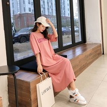 레몬소울 티큐 빅 레터링 뒷트임 롱 반팔 원피스