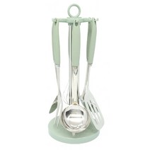 제니얼 마노757 회전걸이 조리도구 7종세트, 스테인레스 실버 + 그린, 조리도구 7종