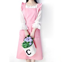 마이워니 원피스형 프릴 롱 에이프런 앞치마 + 두건, 핑크