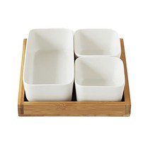 그리드 정사각 그릇 2p + 직사각 + 트레이 세트, 1세트, 순백색 + 나무