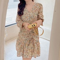 페이퍼먼츠 브이넥 플라워 셔링 프릴 미니 원피스 00458