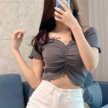 스키니어 여성용 스키니어 셔링 브이넥 크롭 티셔츠 오프숄더 겸용 lkf293