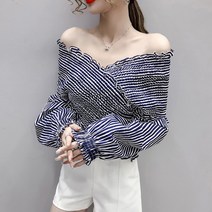 페이퍼먼츠 오프숄더 엑스밴딩 스트라이프 블라우스 01243