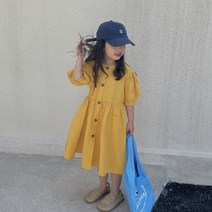 오렌지다몸 여아용 버튼 반팔 퍼프 무지 원피스