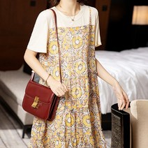 아뗄릭 라운드넥 이중 레이어드 뷔스티에 반팔 플레어 미디 원피스 00729
