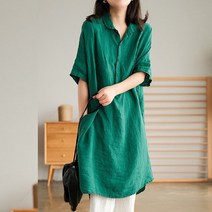 아뗄릭 여성용 루즈핏 언밸런스 린넨 롱 반팔 셔츠 00920