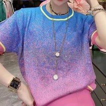 비비에모 여성용 그라데이션 밀키 웨이 라운드 니트 티셔츠 01135