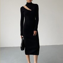 비비에모 하이넥 숄더 사선 트임 슬림핏 긴팔 롱 원피스 01771