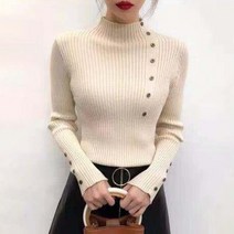 페이퍼먼츠 여성용 하프 터틀넥 골드버튼 슬림핏 긴팔 골지 니트 티셔츠 02731