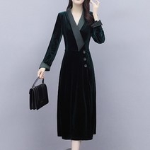 아뗄릭 브이넥 랩 배색 벨벳 플레어 미디 롱 원피스 01395