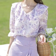 페이퍼먼츠 퍼플 프릴 꽃무늬 쉬폰 블라우스 05247