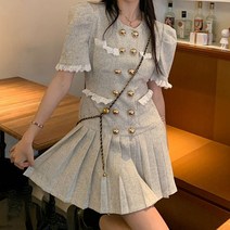 비비에모 레이스 골드버튼 퍼프소매 플리츠 원피스 03774