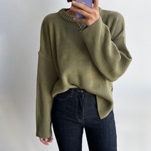 뜨개진 여성용 오버핏 옆트임 언발 심플 베이직 세아라 라운드 니트