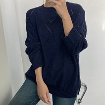 뜨개진 여성용 루즈핏 하트 스카시 옆트임 크루엘 라운드 니트