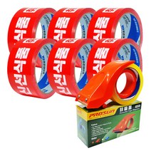 원준테이프 신선당일취급주의 박스 테이프 50m 6p + 커터기, 레드(테이프), 1세트