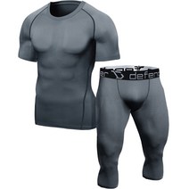 디펜더 남성용 스포츠 언더레이어 반팔 + 7부 카프리 팬츠 세트 SMP
