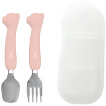 티지엠 휴대용 실리콘 스텐 곰돌이 스푼 앤 포크 + 케이스, 코랄핑크, 스푼 + 포크 + 케이스, 1세트