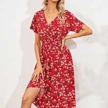 더시럽 여성용 브이넥 캐쥬얼 플로 비치웨어 원피스, 레드