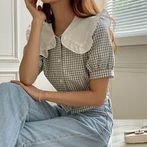 프롬미스 여성용 체크 카라 크롭 블라우스