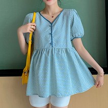 플레어 퍼프 미니 격자 임부복 임산부 상의 원피스
