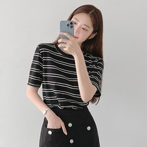 로미스토리 빅사이즈 배색 단가라 반팔 티셔츠