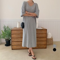 무드인더 여성용 브이넥 베이직 롱 원피스