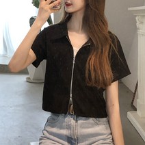 여성용 MA 투웨이지퍼 카라 크롭 반팔티