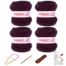 행복뜨기 스마트울 털실 뜨개실 4p + 대바늘 6mm + 돗바늘 + 가죽라벨 + 목도리도안, 2810 적포도, 1세트