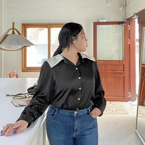 제이스타일 라세닐 배색카라 샤틴 빅사이즈 블라우스