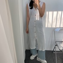 뜨개진 여성용 트임 오픈 민소매 니트 롱 조끼 원피스 포스파 베스트