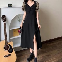 DM 체크슬리브 트임 롱원피스