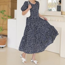 빼빼 여성용 라운드넥 반팔 도트 롱원피스