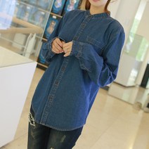 빼빼 여성용 차이나넥 원포켓 긴팔 데님 청 남방