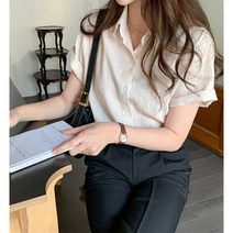 플랜데이 여성용 투데이 베이직 린넨 반팔 셔츠 남방
