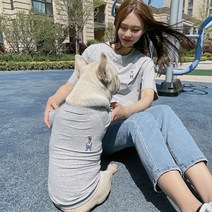 새코밍 곰돌이 커플룩 캐주얼 강아지 옷 + 견주 옷 티셔츠 세트, 그레이