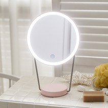 코비 미즈미러 LED 메이크업 무드 탁상 거울 원형, 핑크