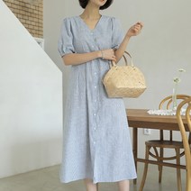 빼빼 여성용 브이넥 스트라이프 퍼프 반팔 롱 원피스