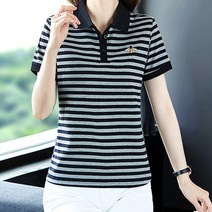 구디프 여성용 카라 버튼 스트라이프 티셔츠