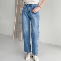 오오엘 여성용 일자핏 컷팅 뒷밴딩 배기 데님