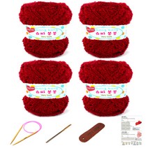 행복뜨기 슈퍼봉봉 뜨개실 4p + 줄바늘 4.5mm + 돗바늘 + 라벨 + 4종 목도리도안 세트, 1세트, 진빨강