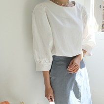 빼빼 여성용 라운드넥 7부소매 힙기장 퍼프소매 코튼 블라우스