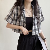 여성용 데일리 피엔 체크 크롭 반팔 자켓