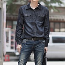 플레이즈 남성용 카라넥 블랙 슬림 투포켓 데님 셔츠