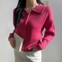 플랜데이 여성용 베이직 모던 카라 하찌 니트 집업