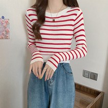 레몬소울 여성용 베런 스트라이프 라운드 니트티